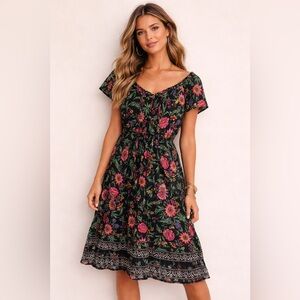 Patrons of Peace Floral Black Midi Dress with Pink & Purple Blooms